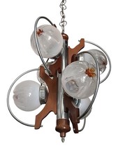 Lampadario Vintage anni 70 MAZZEGA -Acciaio, Vetro di Murano, Legno