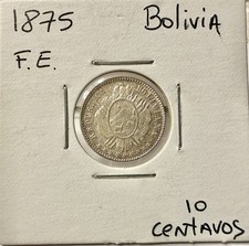 Bolivia 1875 FE-PTS, 10 Centavos Potosi Mint, Km#158.2 Ottime Condizioni