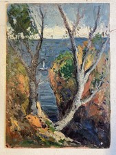 DIPINTO OLIO G. Balansino PAESAGGIO MARINO "Costa Brava" SCORCIO BARCA VELA '70