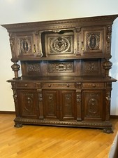 CREDENZA IN STILE RINASCIMENTO A DOPPIO CORPO DEGLI ANNI 40 INTAGLIATA
