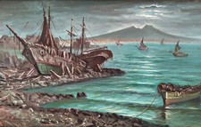 Golfo di Napoli Paesaggio notturno/Paesaggio marino con barche/Grande dipinto olio firmato