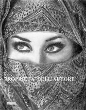 OCCHI VISO VOLTO RAGAZZA ARABA SAHARA  Disegno Originale Matita Grafite 24x33 cm