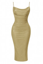 Abito Glitterato Oro Halter Senza Schienale Cowlneck Taglia 14 Bodycon Lungo