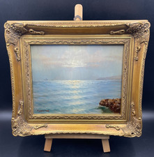 Quadro paesaggio ALBA SUL MARE  olio firmato Mantovani cornice d'orato