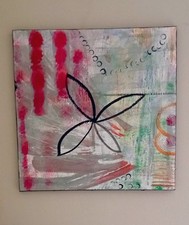 Opera Su Tela. 50x50. Pezzo Unico. Quadro D'arredo. Ciliegia Verde Nero Fiore