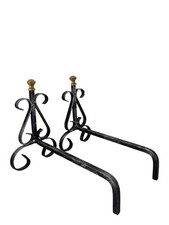 Alari Coppia in Ferro Battuto per Camino con Pomelli in Ottone, 30x26h cm