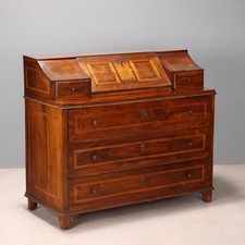 Ribalta Antica Trentina Noce Filettata Acero Bronzo 5 Cassetti XIX Secolo