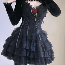 Abito da festa stile giapponese donna Lolita gotico a vita alta nastro vestito
