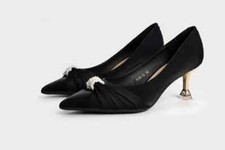 Decolte scarpe donna nero oro raso comodo 6.5 cm eleganti pelle sintetica 3741