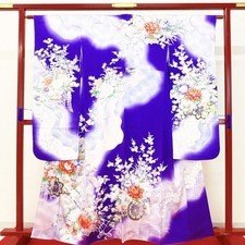 Kimono giapponese 'FURISODE' seta/viola/fiori/carrello fiori/lunghezza: 161 c...