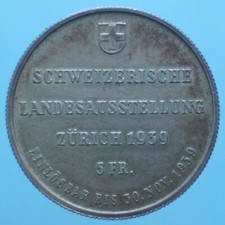 SVIZZERA 5 FRANCHI 1939 ZURIGO EXPO ARGENTO SILVER COIN FDC CURRENCY COLLEZIONE