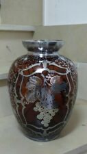 Vaso  vintage in vetro  marrone con decori in argento