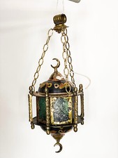 Antica lanterna moresca metà XIX secolo a sospensione in ottone e vetro colorato