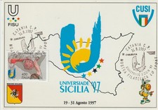 25-Sicilia-Tematica:Cartina geografica-Universiade-Mascotte Asinello-Annullo Sp.