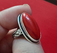 ANELLO DONNA CORALLO NATURALE ROSSO SARDO CABOCHON OVALE IN ARGENTO 925 BRUNITO