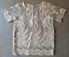 Maglia il tulle rosa nude con ricamo floreale, taglia S, mezze maniche