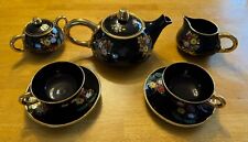 DERUTA FRATELLI MARI MAIOLICA SET DA TÈ NERO FIORI BRILLANTI CERCHI ORO PESANTE VINTAGE