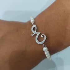 BRACCIALE PERLE DI 4MM LETTERA ( E ) IN ARGENTO 925 RODIATO IN ORO BIANCO 18KT