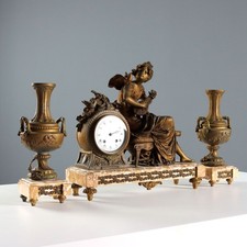 Trittico da Camino Antico Marmo Antimonio Dorato Francia XIX Secolo Originale