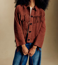 Giacca pelle scamosciata marrone frange donna biker taglia S M L XL XXL su mi...