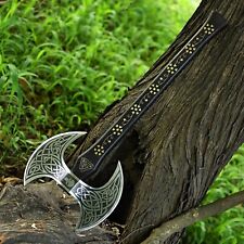 Ascia doppia testa vichinga fatta a mano 24 pollici con fodero in pelle lavoro ottone