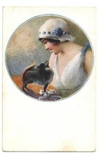 Antica Cartolina: DONNA CON CANE VOLPINO DI POMERANIA - ILLUSTRATA, MONESTIER