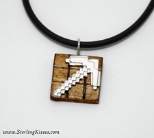 Pixel Pickaxe Pendant – Sterling Silver & Wood Crafting Box Charm Necklace
