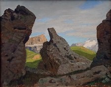 Oreste ALBERTINI Passo Pordoi e la Marmolada dal Sassolungo OLIO 40x50 anno 1941