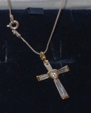 Bella Color Oro Piastra Argento Sterling Cristallo Croce Cuore Ciondolo Astuccio