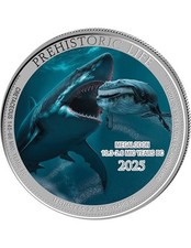 MEGALODON Vita Preistorica Colorata 1 Oz Moneta Argento 20 Franchi Congo 2025