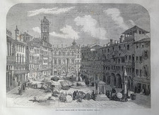 Stampa  1859 Verona Piazza Erbe Ponte Pietra Adige Veneto