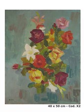 QUADRO AD OLIO SU TAVOLA FIORI DIPINTO FLOREALE VINTAGE DATATO 1970 FIRMATO X2