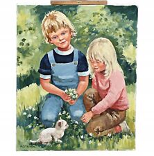 Monica Smetana (1932) - Ritratto di bambino con fiori e gatto - Olio su tela