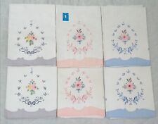 6 asciugamani in puro lino con ricamo fiori, bordi colorati, orlo a giorno