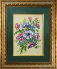 Quadro realizzato con ricamo mezzo punto mazzo di fiori di campo cornice dorata 