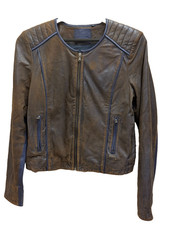 Giacca Guess 80% pelle di capra blu marrone metallizzato zip biker morbida grande