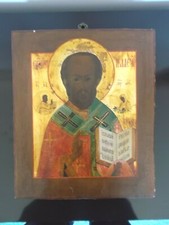 San Nicola antica icona Russa su tavola in legno