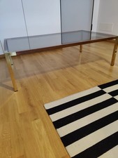 Tavolino soggiorno anni 770. Radica, ottone e vetro.