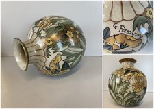 VASO PORCELLANA G. Fieravino DECORO DISEGNO FIOREALE VERDE ORO  ø 17 cm