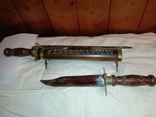 Antico Set Coltello e Forchettone con fodero Custodia in legno Intagliato 