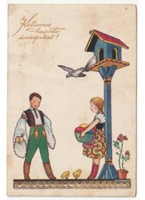 antica cartolina pasquale bambini casetta uccelli colombi kellemes husveti