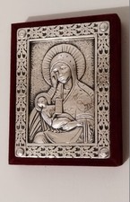 VINTAGE ICONA MADONNA CON BAMBINO ARGENTO 925 ORAFO GUERRINI Quadro bassorilievo