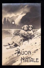 BUON NATALE CARTOLINA VG ANNI VENTI FOTOMONTAGGIO BAMBINI BIMBI SLITTA NEVE