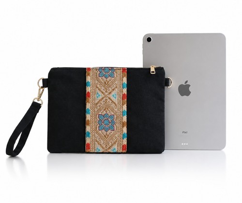 Black embroidered canvas - black,