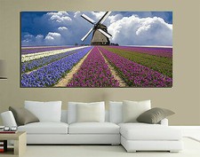 QUADRI MODERNI TELA 100X50 PAESAGGIO MULINO CAMPAGNA FIORI PRATO ARTE ARREDO