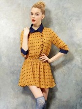 Abito vintage stampa kitsch crazy rockabilly senape e blu con colletto retrò