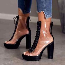 Stivali Estivi Tronchetto 11 Cm Nero Plateu Alti Pelle Sintetica 10686