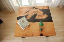 Tavolino da Caffè Nero Epossidico Bordo Vivo Noce Lastra Legno, Design Naturale Tavolo Casa