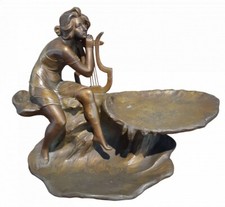 Antica scultura Art Nouveau in Metallo, Fanciulla Con Arpa