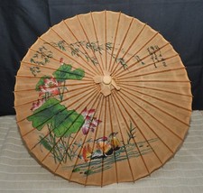 Ombrello Orientale vintage bambù e carta dipinto con Anatre e fiori
